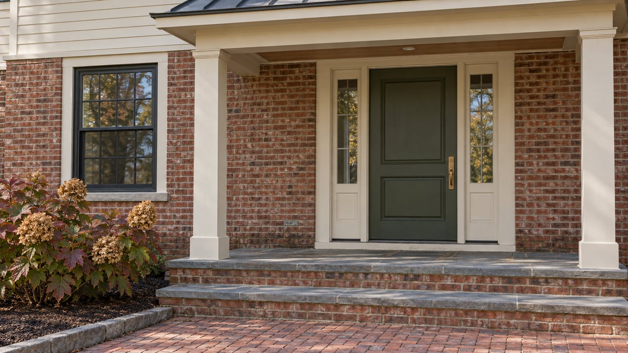 Covered home entry with red brick, cream siding, olive door, paired sidelights and bluestone steps beside autumn oakleaf hydrangea.