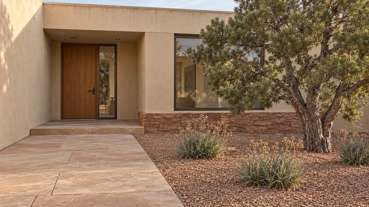 Sand-colored stucco home with a recessed wood entry, sandstone walkway, bronze-framed window and a sculptural pinyon pine in a gravel garden.
