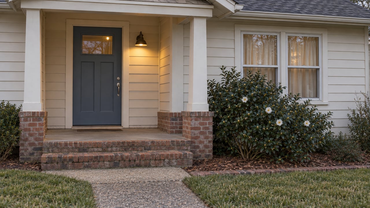 Twilight at a slate-blue front door with pale siding, brick steps and a white-flowering camellia beside the window.