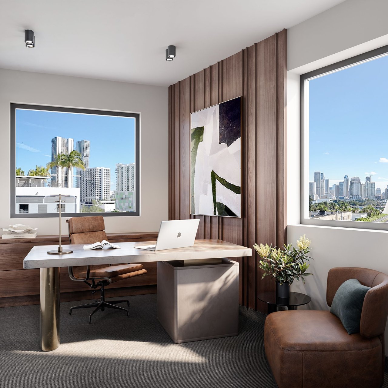 Modern office with a marble desk and leather chair overlooking the Miami skyline.