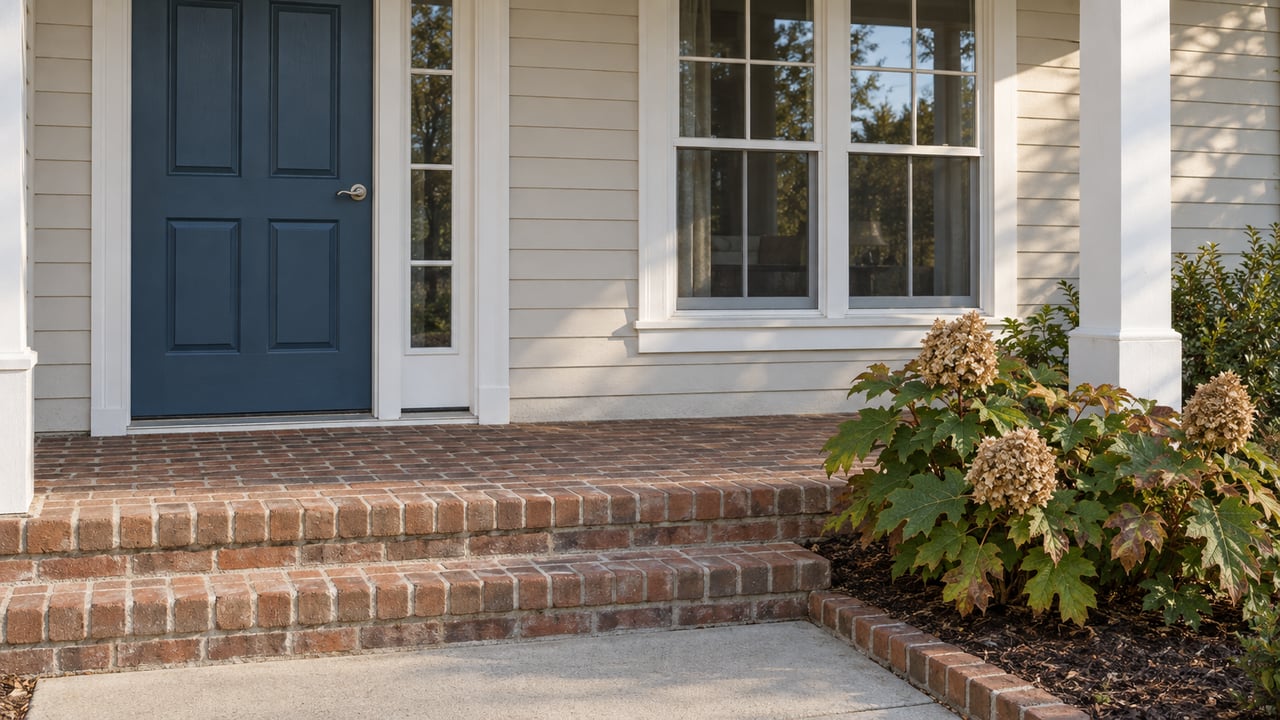 Morning light on a blue front door, white-trimmed window and brick porch steps beside an oakleaf hydrangea.