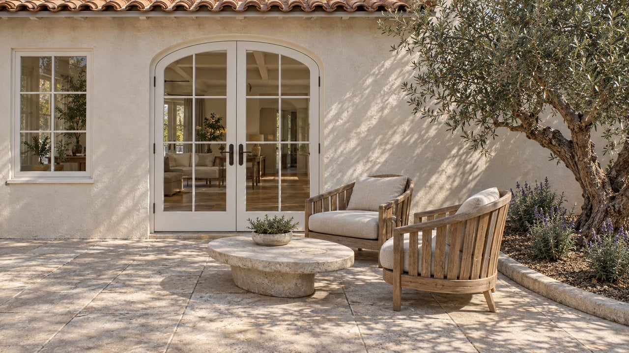 A sunlit stucco home's terrace with closed arched glass doors, two teak lounge chairs, a limestone table and a mature olive tree.