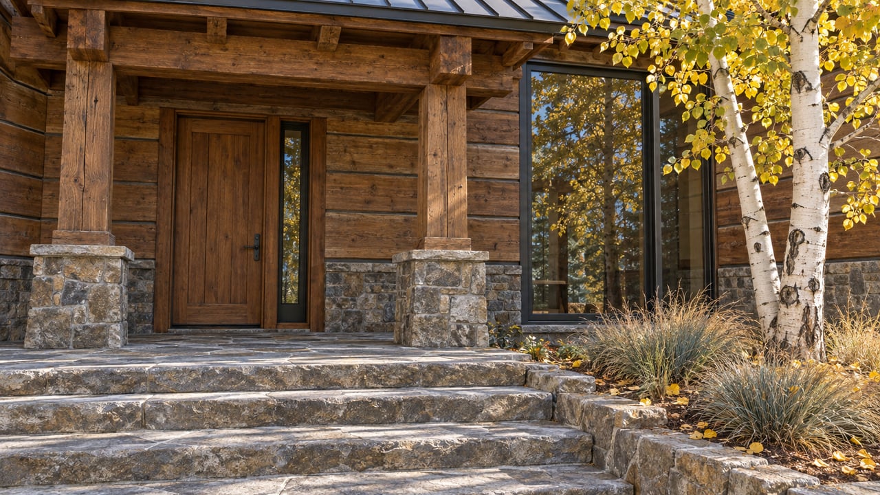 Low-angle photograph of a timber-and-stone home's recessed entry, worn stone steps and yellow-leaved quaking aspen.
