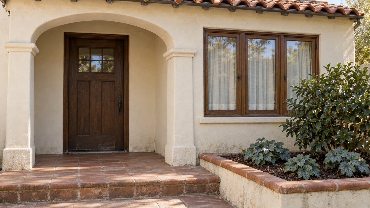 Cream stucco arched entry with a closed oak door, terracotta steps, and a camellia beside a wood casement window.