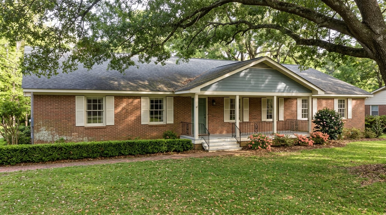 Brick ranch with a slate-blue porch ceiling, coral azaleas, and a live oak shading the broad lawn.