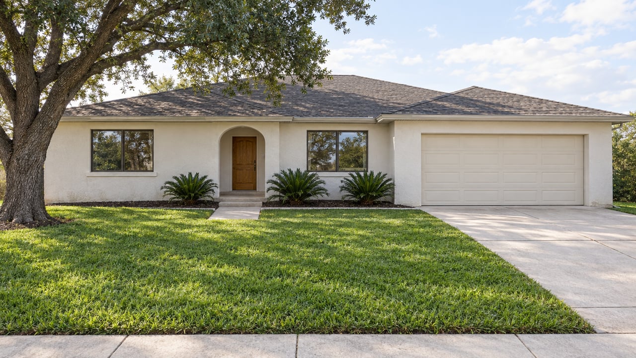 Warm-white single-story home with a dark hip roof, recessed arched entry, broad front lawn and mature spreading oak.