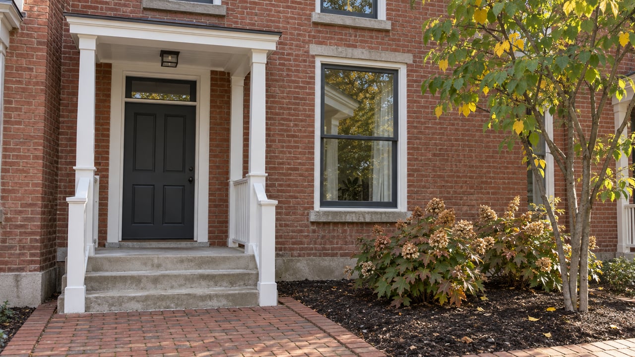 Red-brick townhouse entrance with a charcoal door, white canopy, brick walkway, and autumn redbud and oakleaf hydrangea planting.