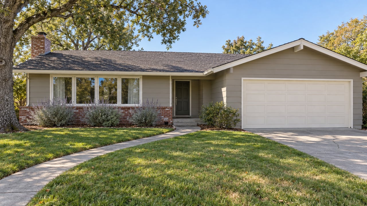 Gray-sided ranch with white eaves, brick accents and a broad front lawn beneath a mature oak.