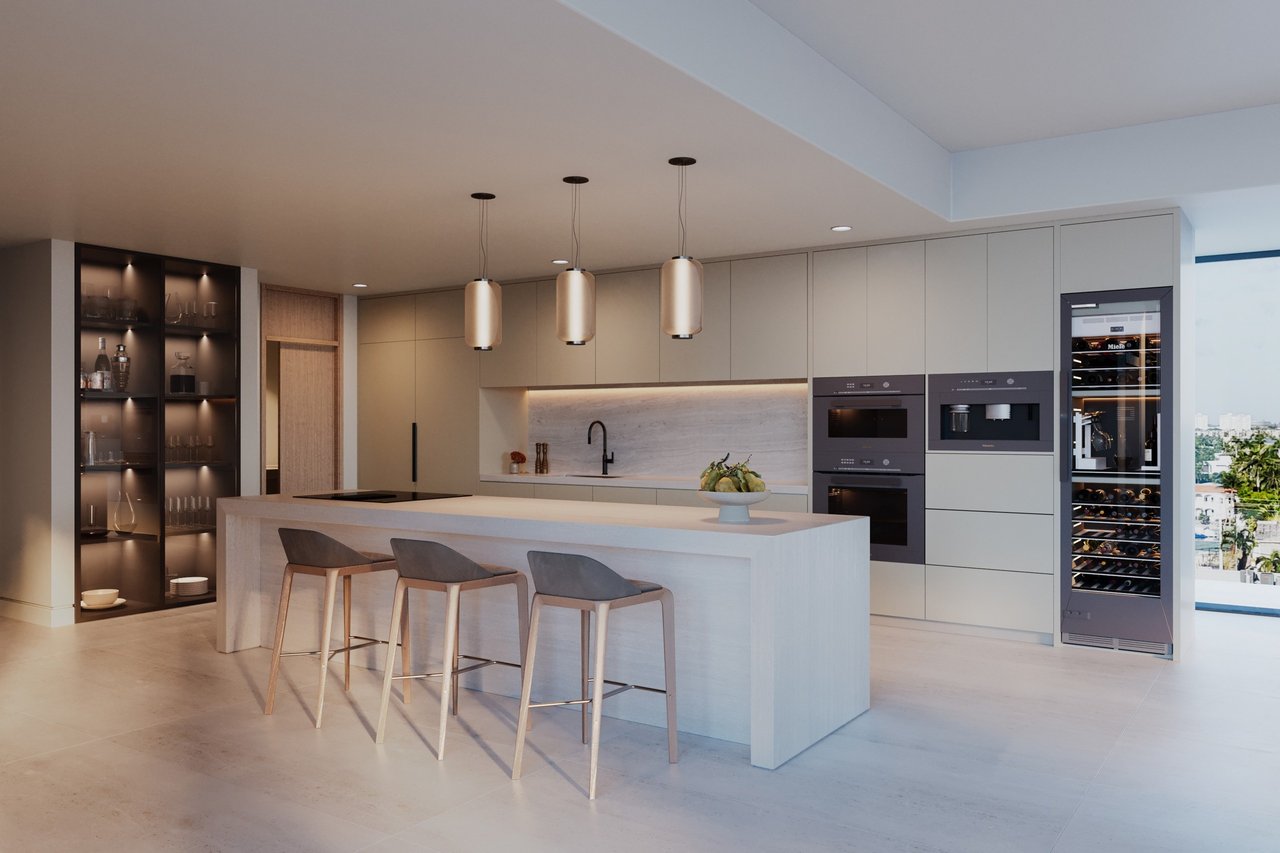 Rendering of kitchen island and cabinetry at MILA Bay Harbor in Bay Harbor Islands.