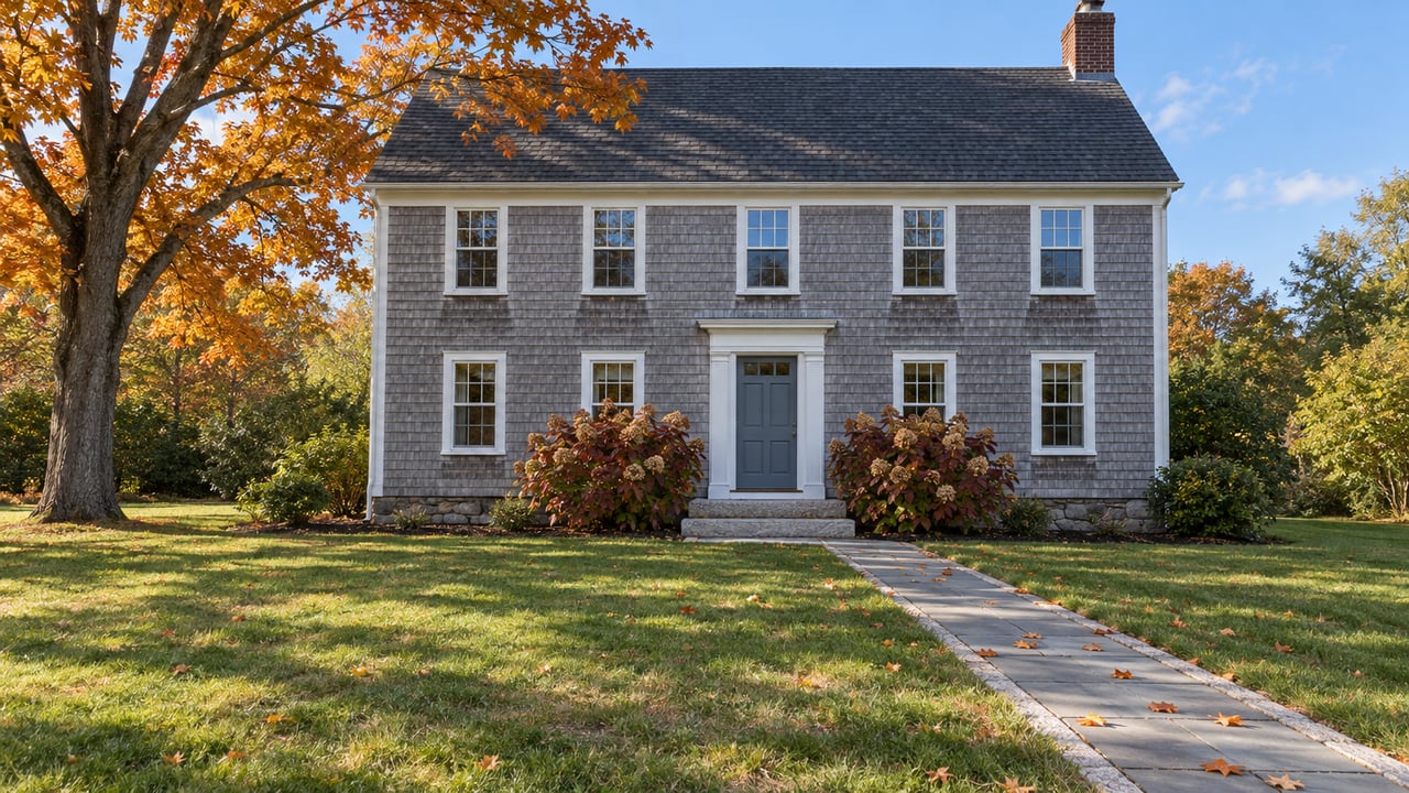 An autumn lawn and bluestone walk lead to a silver-shingled two-story house with white windows and a blue-gray front door.