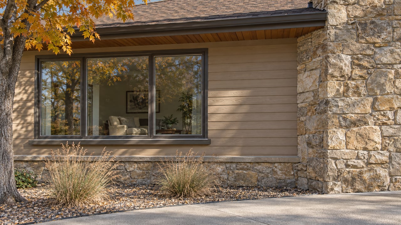 Tan wood siding, a sandstone chimney and a bronze-framed window beneath a timber eave, with amber maple leaves and dry native grasses.