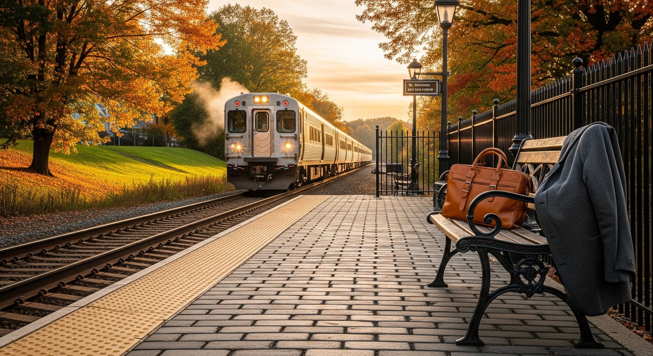 Passenger train arrives at an autumn station beside a bench holding a suitcase and draped coat.