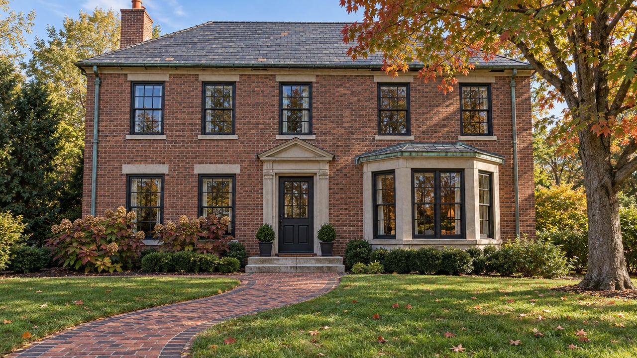 Autumn morning light on a two-story brick home with black divided-light windows, a deep front lawn and a curved brick entry walk.