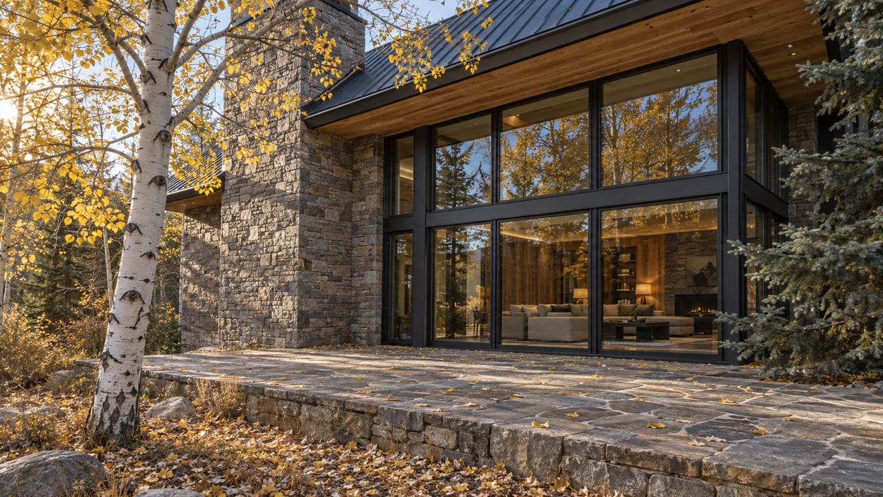 Mountain home with gray stone chimney, dark-framed windows, and a golden-leaved aspen beside its flagstone terrace.