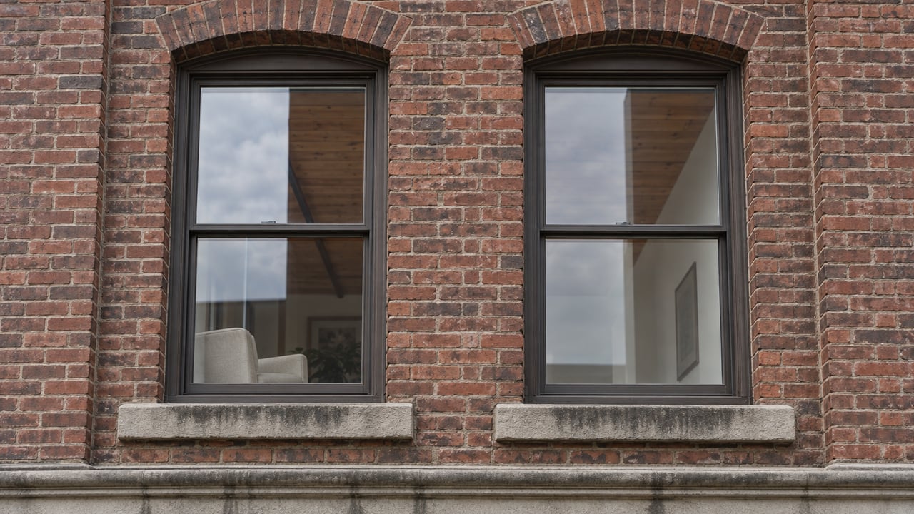 Paired dark-framed loft windows recessed into weathered red-brown brick, with sandstone sills and warm oak visible inside.