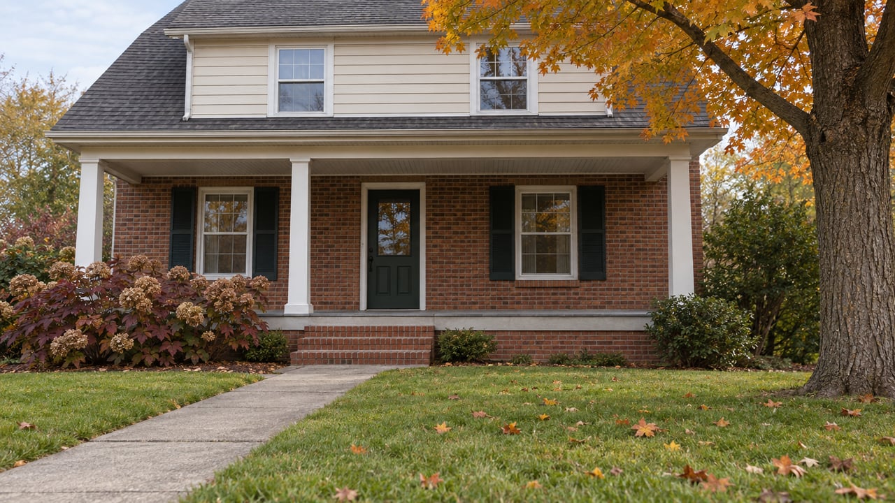A brick and ivory-sided home with a covered front porch, deep lawn, and an amber sugar maple in autumn.