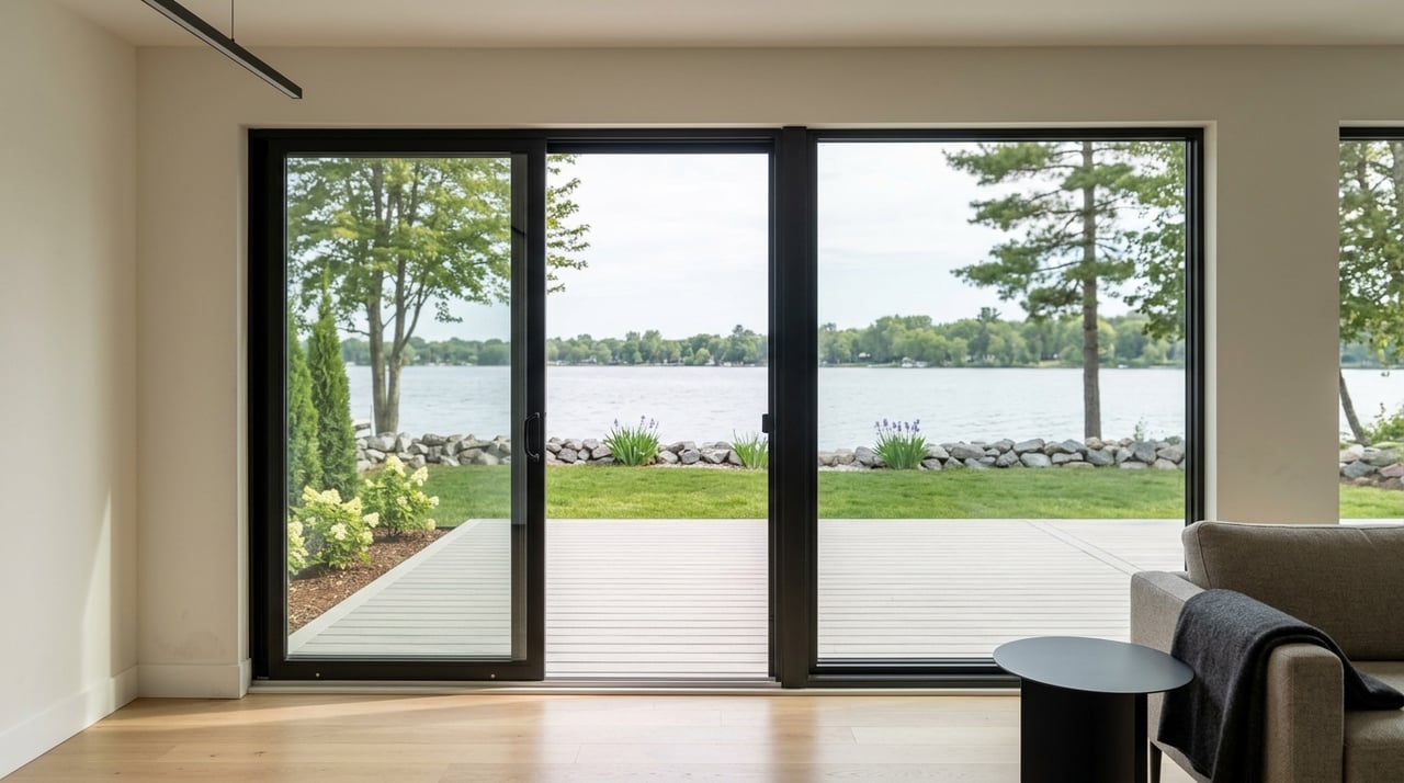 Black-framed slider overlooks a small deck, lawn, and riprap shoreline from a light oak interior.