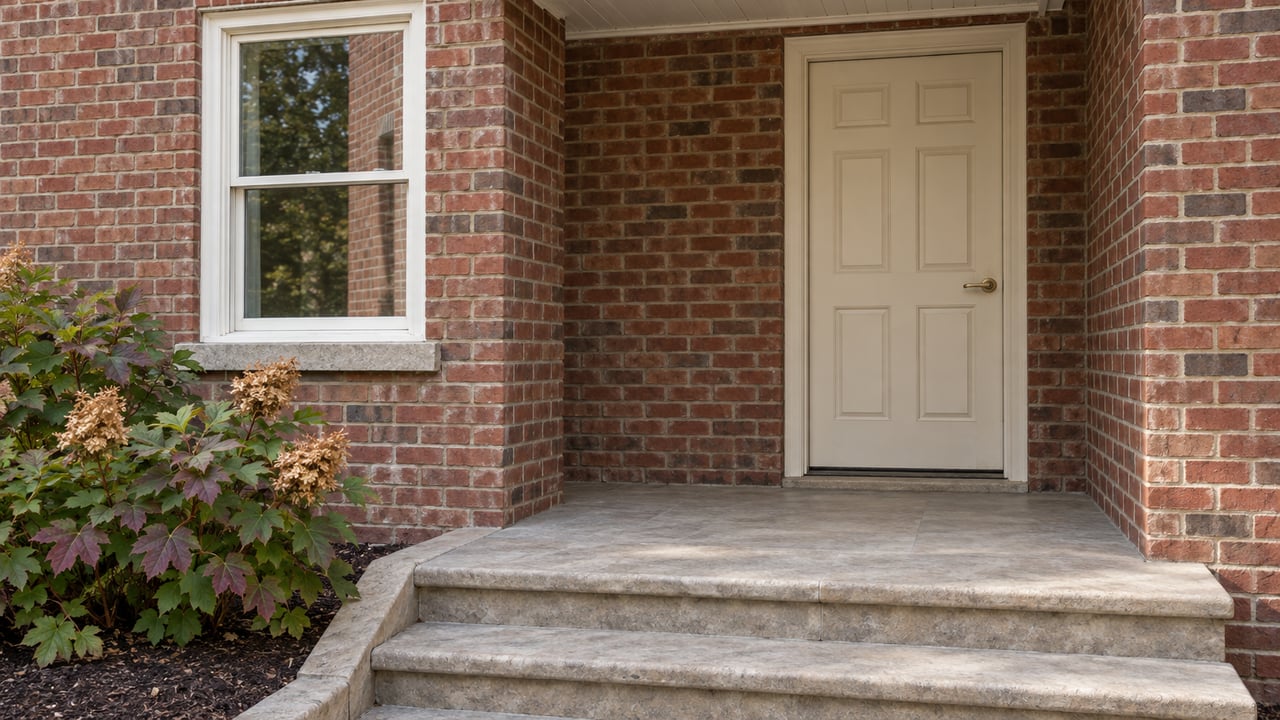 Brick home entry with a cream door, white sash window, worn limestone steps and autumn oakleaf hydrangea.