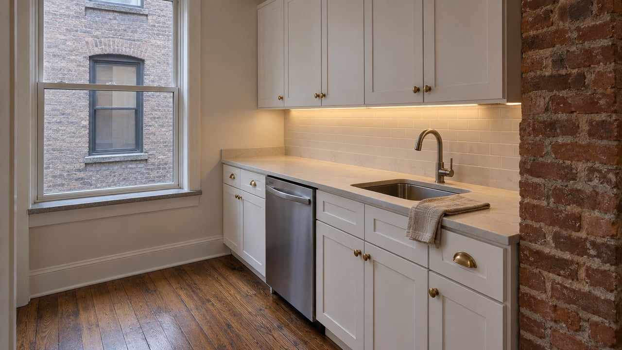 Compact white kitchen with pale quartz counters, exposed brick pier, and a closed window facing a brick wall.