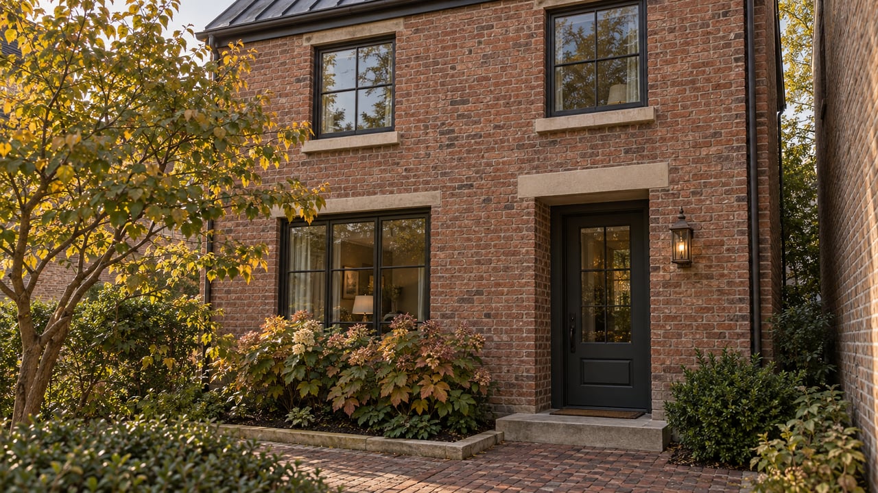 Two-story red-brown brick home with a recessed glazed door, clay paver approach, and autumn planting.