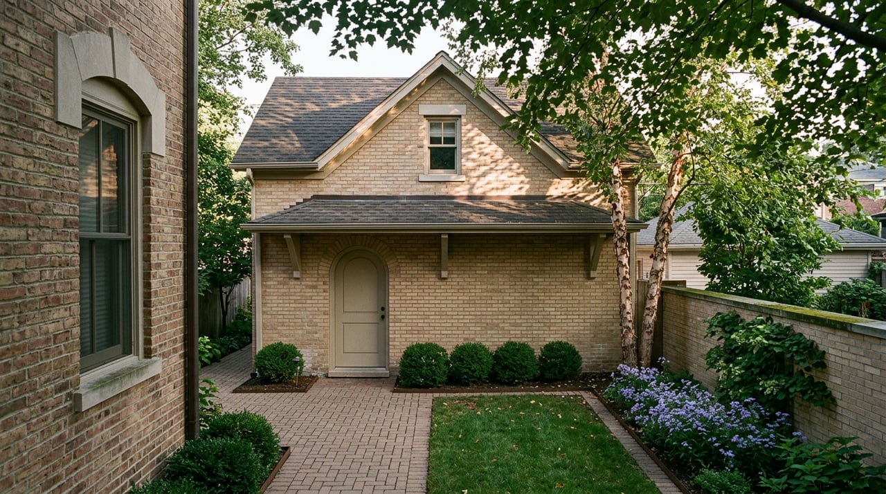 Brick patio, flowering beds, and a two-story brick coach house with an arched doorway.