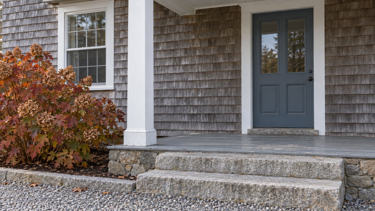 Weathered cedar-shingle home entry with a slate-blue door, white porch post, granite steps, and copper-red oakleaf hydrangea.