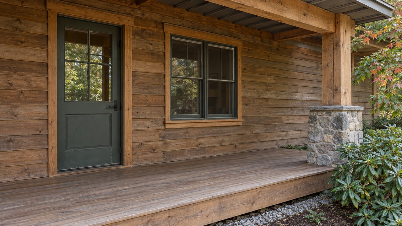 Weathered cedar cottage entrance beneath a timber porch roof, with a green glazed door, broad window, stone pier and rhododendron.