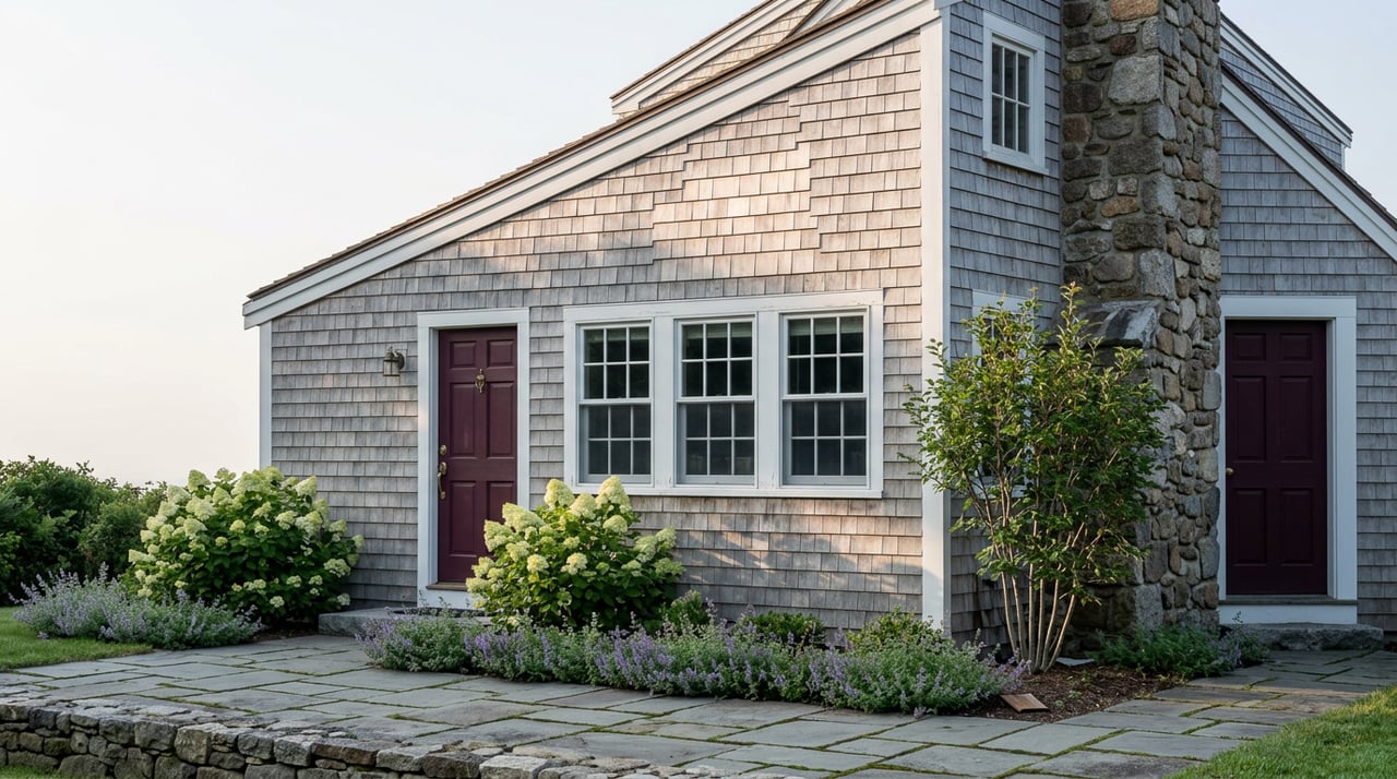 Gray cedar-shingle cottage with a fieldstone chimney, wine-red door, and hydrangeas beside a flagstone path.