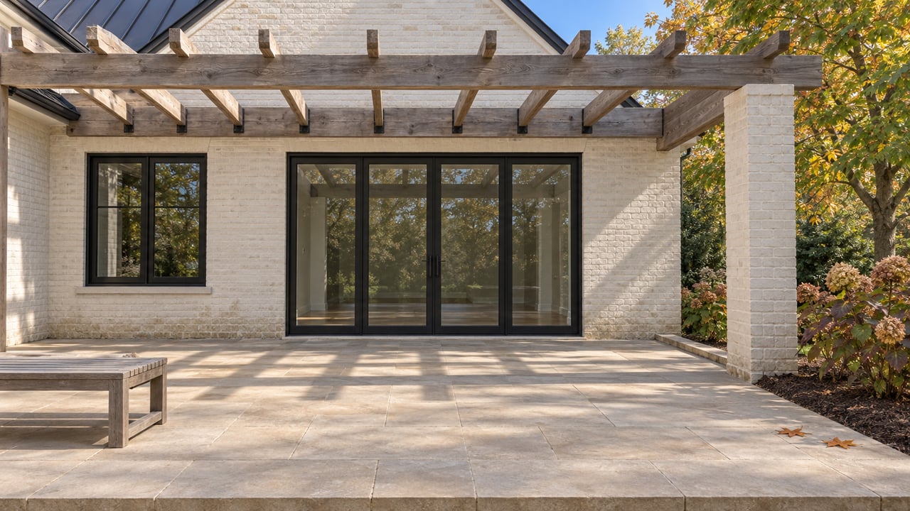 Painted-brick home with closed black-framed terrace doors, a cedar pergola, weathered teak bench and stone paving beside autumn-tinted planting.