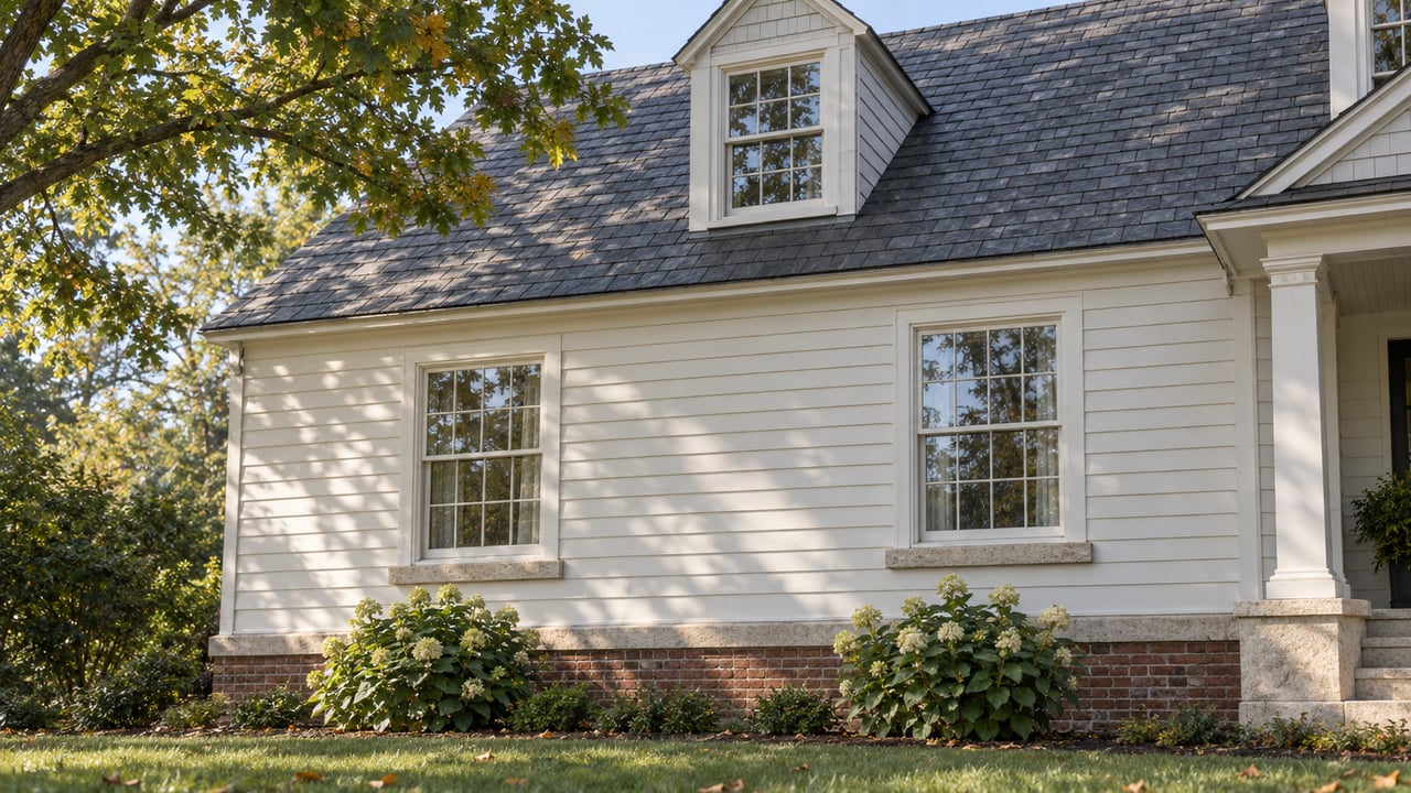 Off-white house with charcoal slate gable, centered dormer, sash windows, and oak branches overhead.