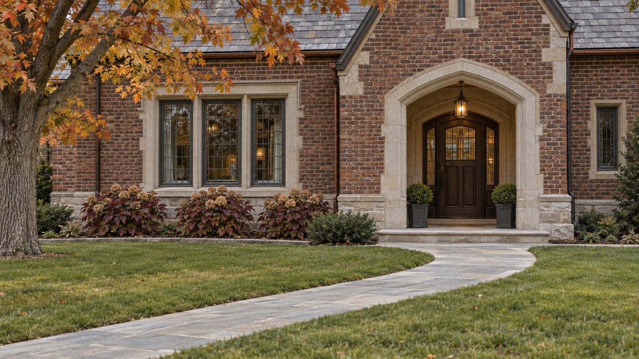 Autumn lawn and stone approach leading to the arched oak entrance of a red-brick house with a steep slate roof.