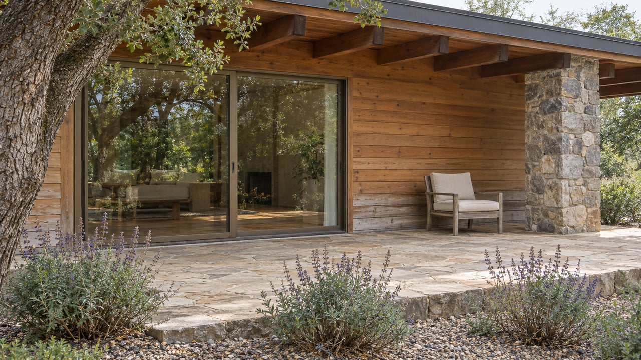 Weathered timber home with a covered sandstone terrace, stone support pier, glazed doors, and sage planting beneath a spreading oak.