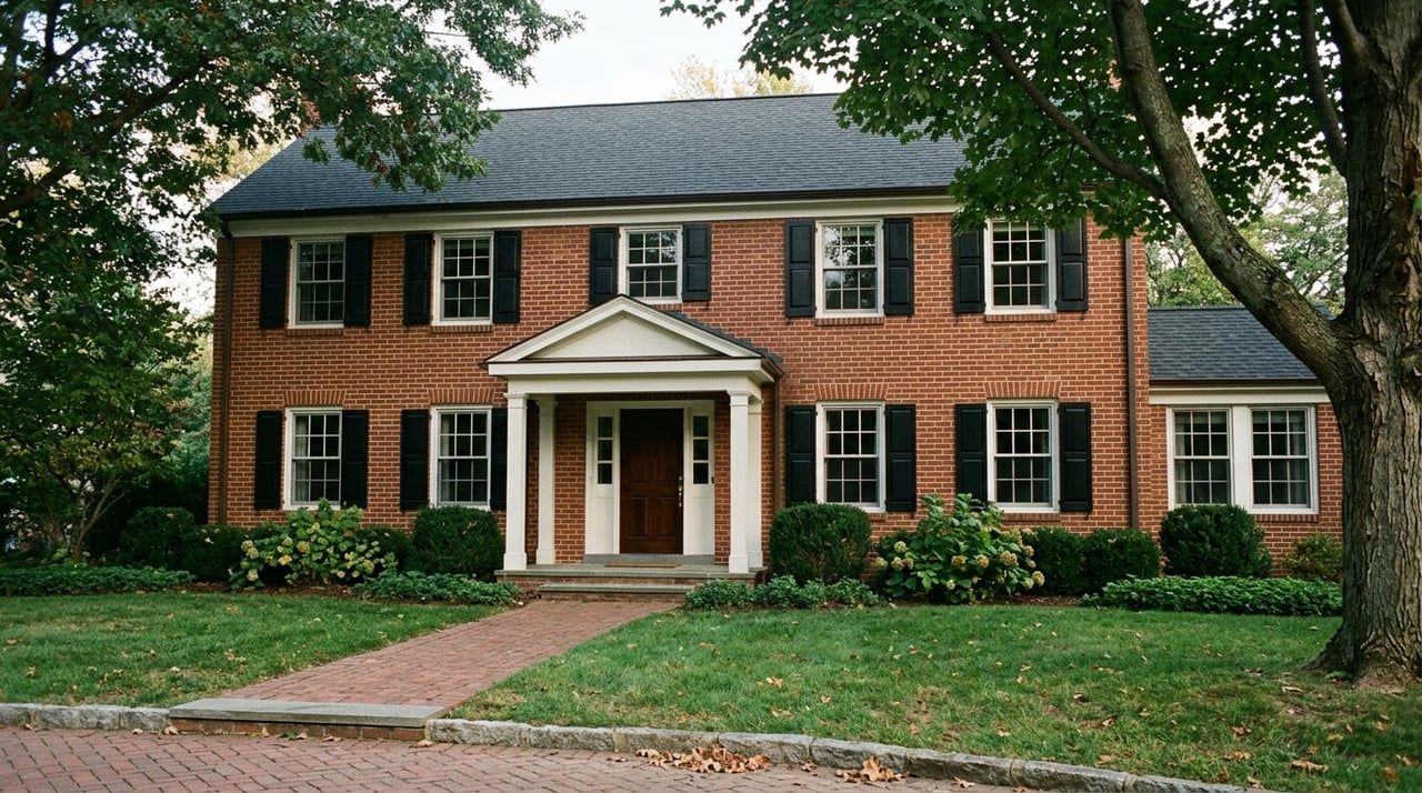 Symmetrical brick colonial with a white-columned portico framed by mature deciduous trees.