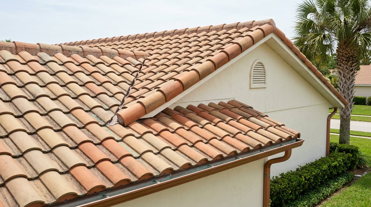 Clay-tile roof meets cream stucco gable with arched attic vent, copper gutter, and palm crown.