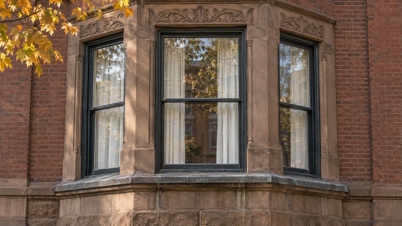 Three dark-framed parlor windows in a carved brown sandstone bay, surrounded by weathered brick and touched by ochre maple leaves.