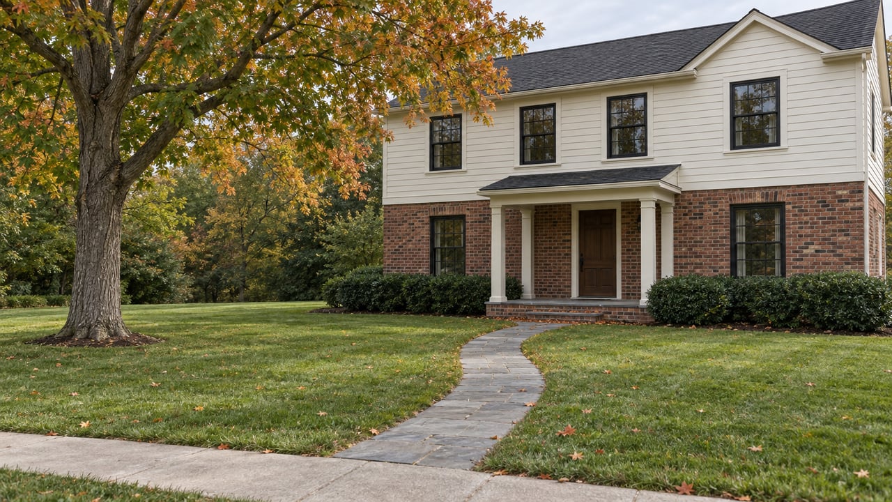 Brick and ivory two-story house beyond a deep lawn, with a curving stone walk and amber-leaved maple.