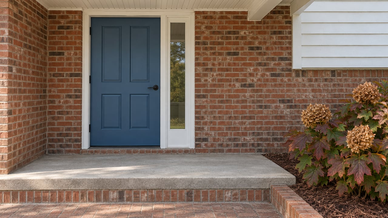 Muted blue front door and glazed sidelight set in weathered red-brown brick, above a concrete porch step beside an oakleaf hydrangea.