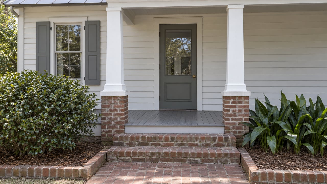 Off-white wood cottage porch with two square columns, a glazed door, shuttered window and worn brick steps beside carefully planted garden pockets.