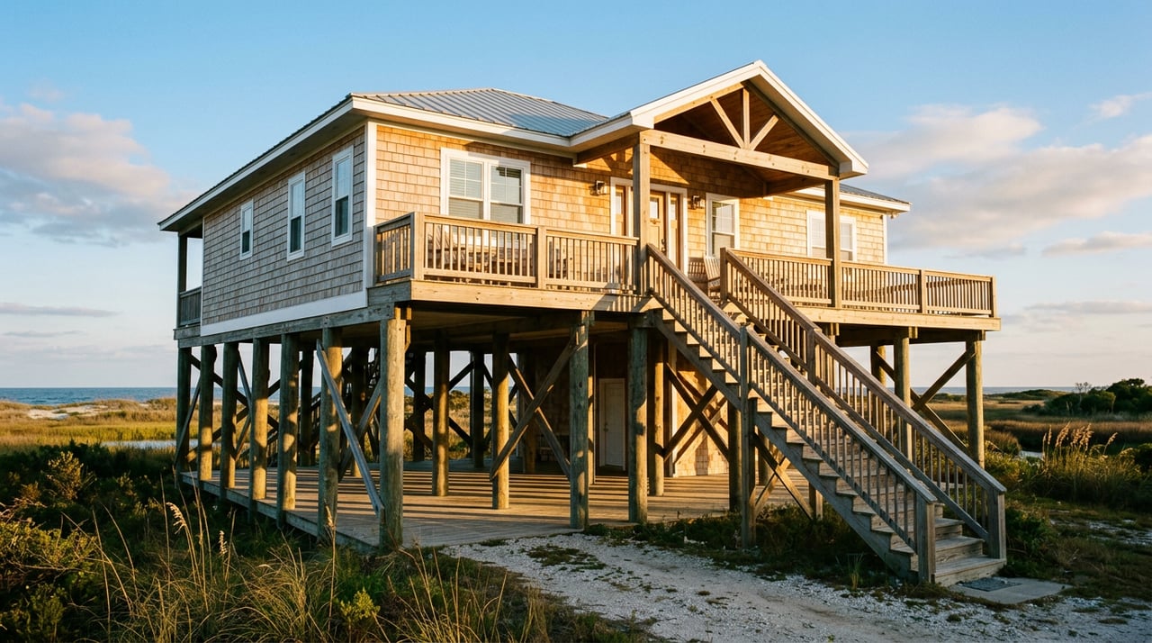 Raised coastal home with weathered siding, timber pilings, cross-bracing, wooden porch, and metal roof.