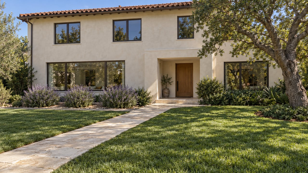 An ivory stucco home with a clay tile roof, bronze-framed windows and a limestone approach through a deep green front garden.