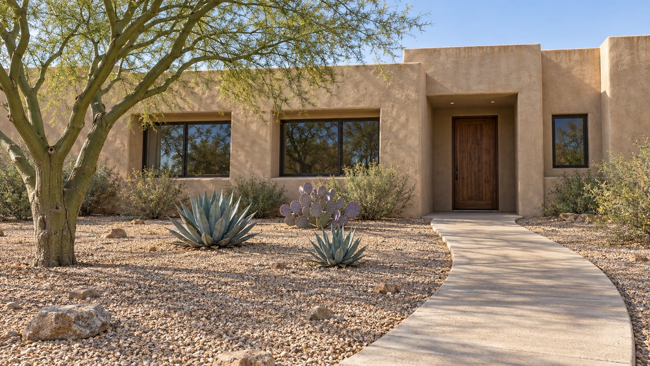 Sand-colored stucco home with recessed bronze-framed windows, a shaded wood entry and a broad gravel forecourt planted with a sculptural green-trunk tree, agaves and lavender prickly pear.