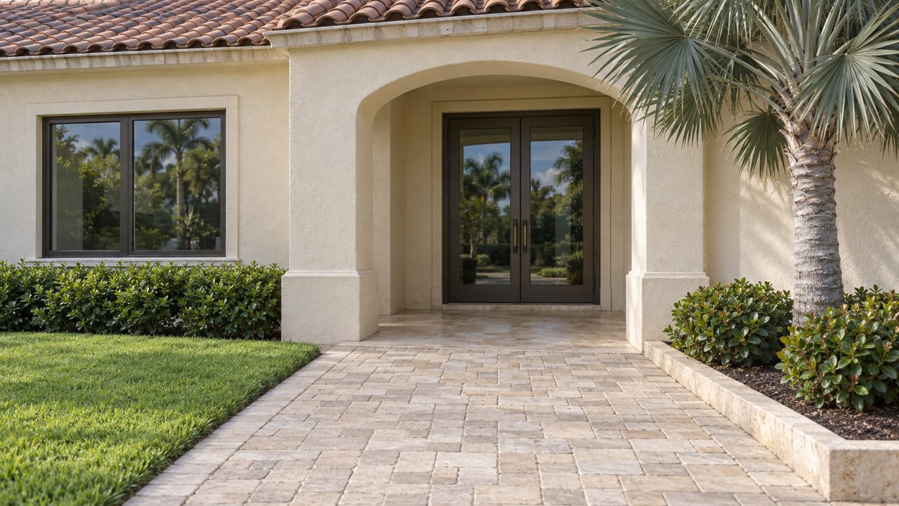 Cream stucco home entry with bronze double doors, pale pavers and a silver fan palm.