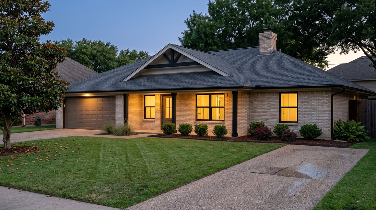 Single-story brick home glowing through black-framed windows, with a broad lawn and diagonal driveway at blue hour.
