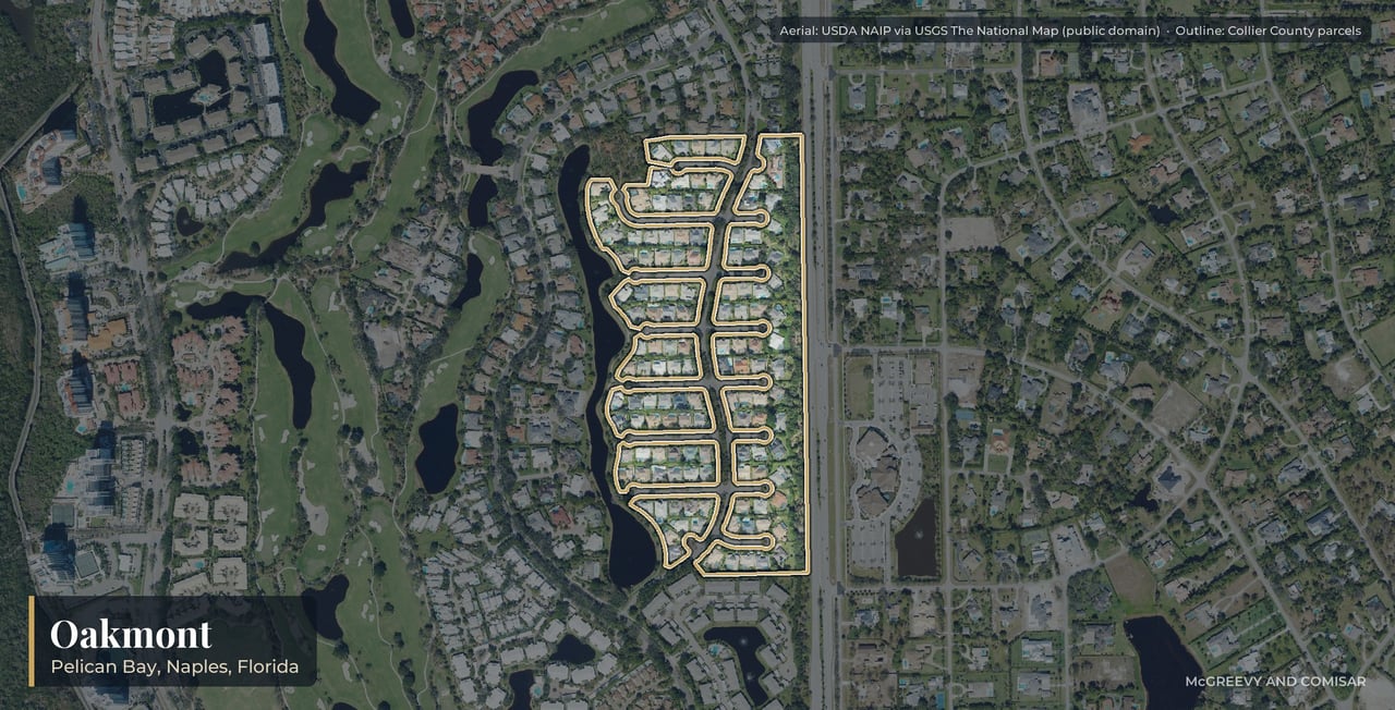 Aerial view of Oakmont at Pelican Bay, Naples, Florida, with its parcels outlined