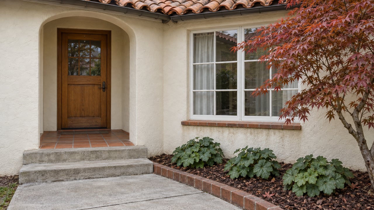 Cream stucco home with a recessed arched oak entry, clay roof tiles, terracotta porch, and a Japanese maple beside a divided-light window.