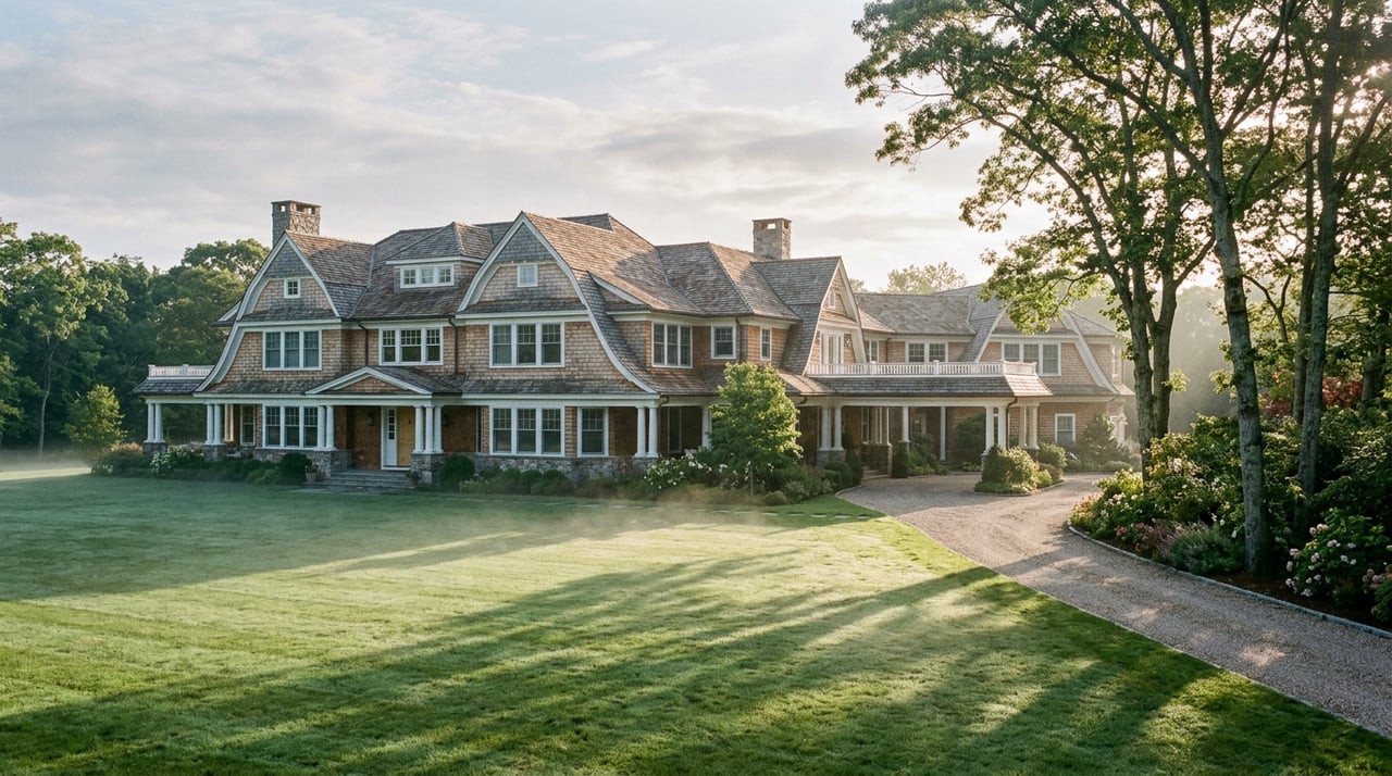 Shingle-style residence with gray cedar siding, white trim, and a fieldstone chimney beyond a misty lawn.