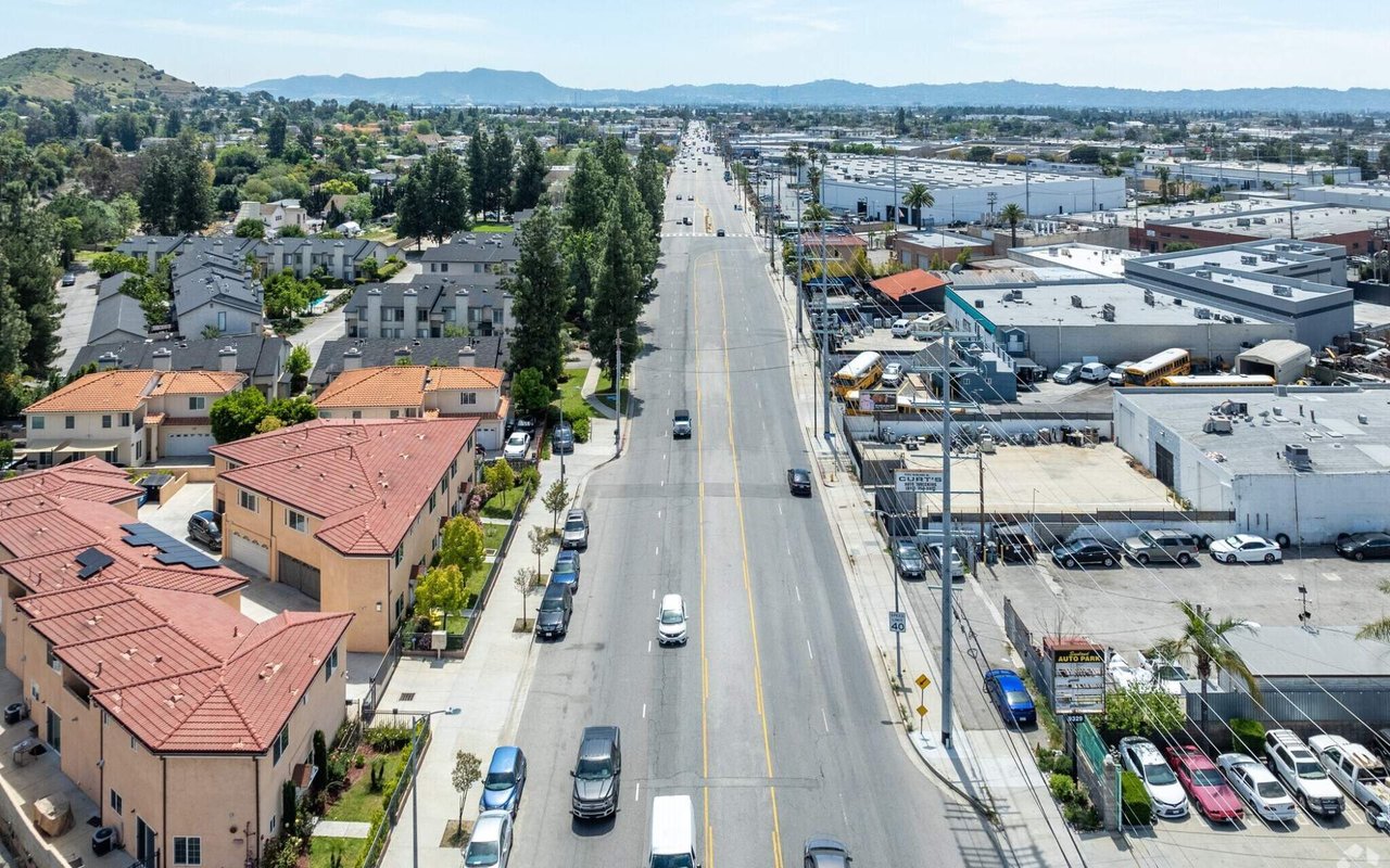 Sun Valley neighborhood aerial view showing residential and industrial corridor San Fernando Valley Los Angeles