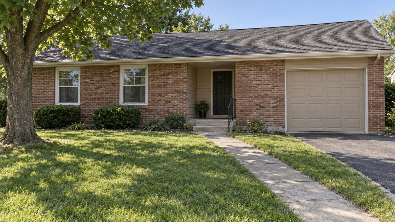 Brick ranch house with a tan garage door, concrete entry walk, broad lawn, and mature tree.
