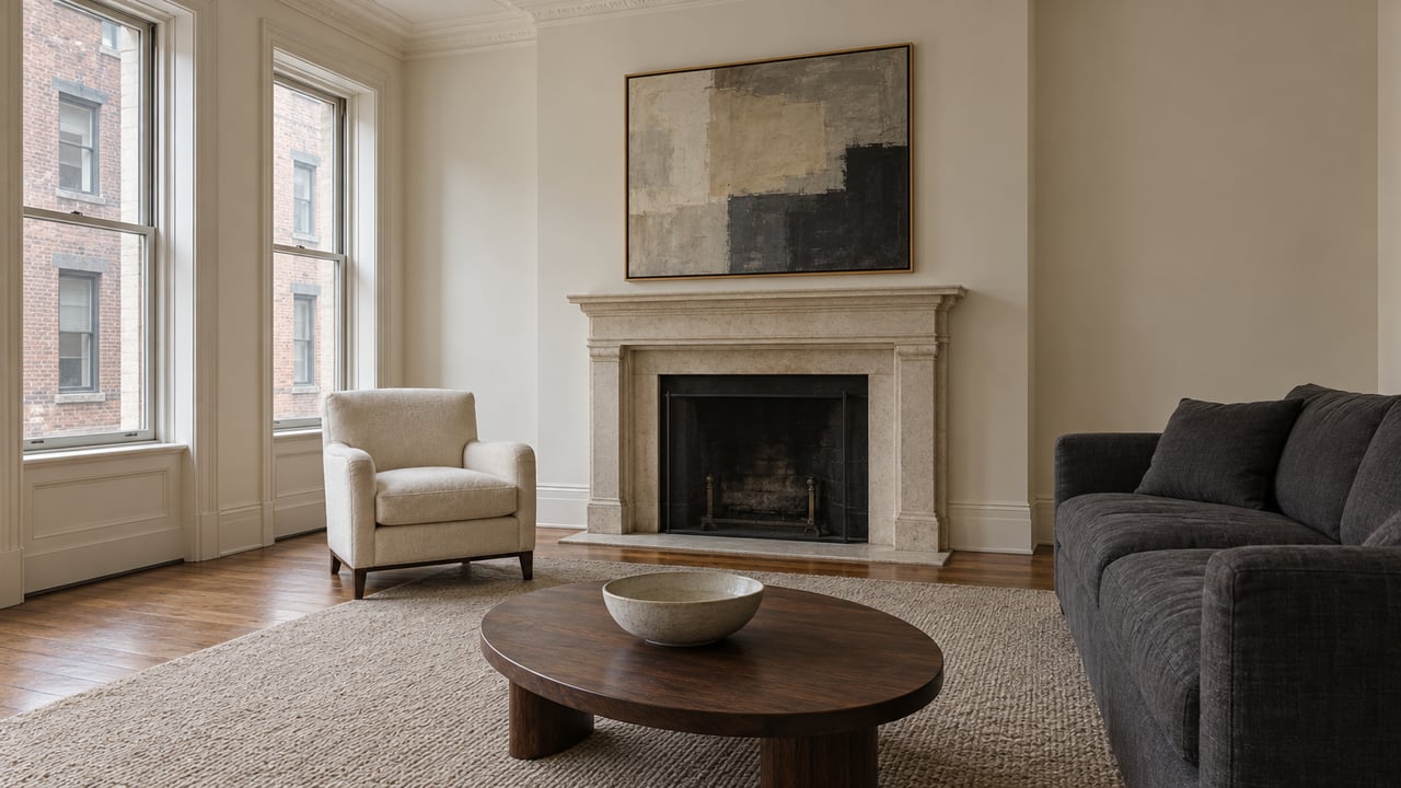 Elegant apartment living room with tall windows, limestone fireplace, oak floors and understated linen furnishings.