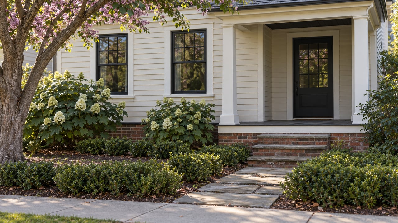 Cream clapboard house with a recessed dark entry, brick porch foundation, and stone path through a planted front yard.